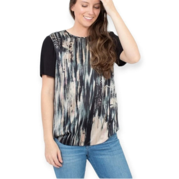 Rebecca Taylor Abstract Watercolour Silk Blouse with Contrast Short Sleeves 4 - Picture 17 of 17